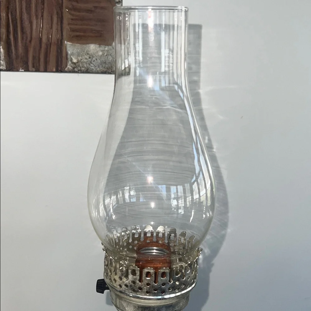 White MILK GLASS hobnail with a hurricane chimney. Tested and works.